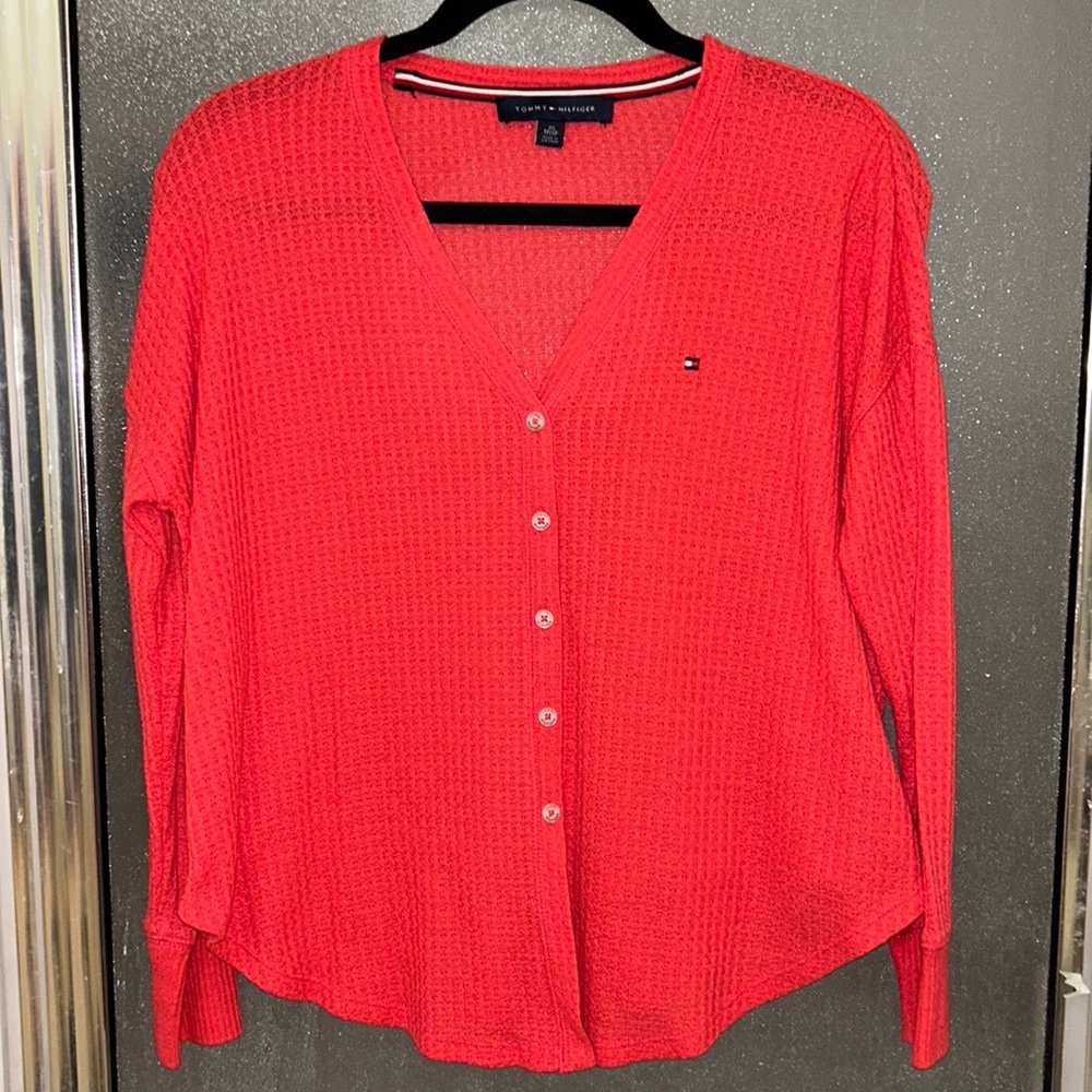 🟪Firm Price🟪 Tommy Hilfiger Tie-Hem V-Neck orange Top - Picture 5 of 17